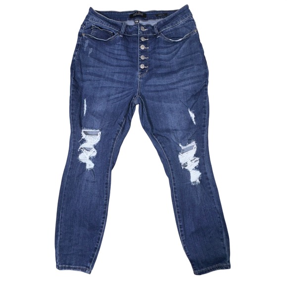 Judy Blue Denim - Judy Blue 16W Skinny Jeans Dark Wash‎ Distressed Ripped Button Fly High Rise